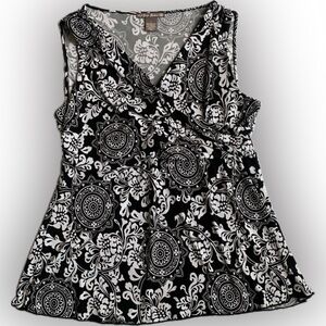 SUZIE COUTURE black & white sleeveless surplice top, large